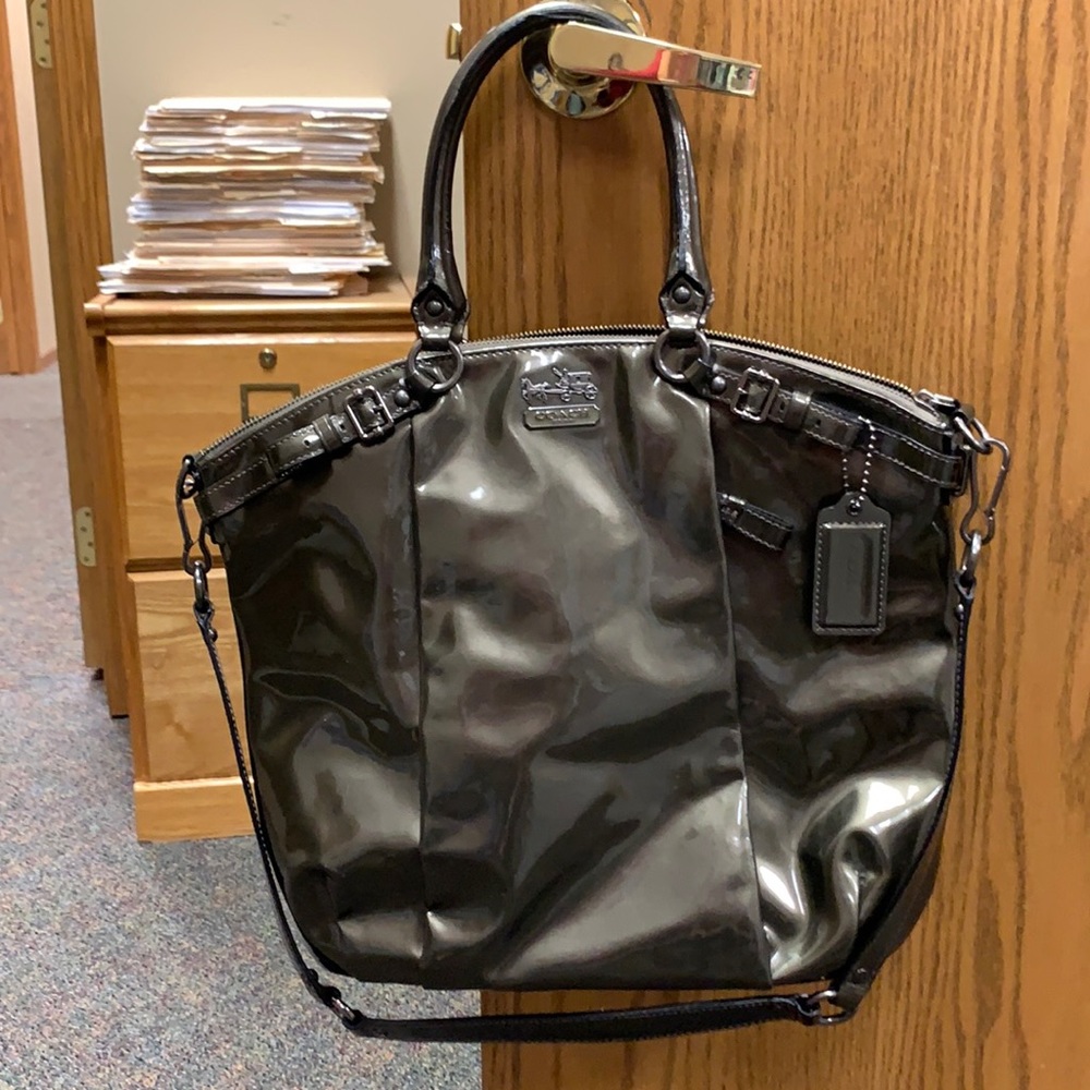 Metallic olive leather Coach bag
